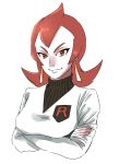  1girl ahoge athena_(pokemon) bangs breasts closed_mouth crossed_arms earrings fingernails jewelry large_breasts long_sleeves looking_at_viewer pokemon pokemon_(game) pokemon_hgss red_eyes redhead ribbed_sweater shirt short_hair simple_background sleeves_past_wrists smile solo suzuki_zentarou sweater team_rocket tsurime turtleneck turtleneck_sweater undershirt upper_body v-neck white_background white_shirt 