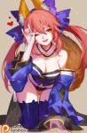  1girl ;d all_fours bare_shoulders blush breasts cleavage fate/extra fate_(series) long_hair looking_at_viewer one_eye_closed open_mouth redhead smile solo songjikyo tamamo_(fate)_(all) tamamo_no_mae_(fate) yellow_eyes 