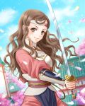  1girl blush brown_eyes brown_hair cherry_blossoms fire_emblem fire_emblem_if headband katana kazahana_(fire_emblem_if) komugikomix long_hair sky solo sword weapon 