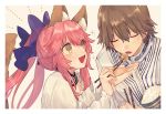  1boy 1girl animal_ears bangs blouse blue_bow blush bow bowl brown_hair closed_eyes fang fate/extra fate_(series) feeding fox_ears fox_girl fox_tail hair_between_eyes hair_bow hino_hinako holding holding_bowl holding_chopsticks kishinami_hakuno_(male) long_hair open_mouth pink_hair rice rice_bowl robe simple_background smile sparkle tail tamamo_(fate)_(all) tamamo_no_mae_(fate) tan_background twintails white_blouse white_border yellow_eyes 