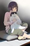  1girl animal bare_shoulders cat cushion mattaku_mousuke original sitting smile 