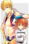  1boy 1girl arm_on_head bare_chest blonde_hair blush brown_eyes brown_hair closed_mouth fate/grand_order fate_(series) fujimaru_ritsuka_(female) gilgamesh gilgamesh_(caster)_(fate) hair_ornament hair_scrunchie hand_on_own_arm looking_to_the_side ponytail redhead scrunchie sketch tagme uniform wavy_mouth yukichi_(eikichi) 