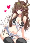  1girl ahoge alternate_costume bare_shoulders black_legwear black_panties blush breasts brown_hair cleavage come_hither commentary_request double_bun hair_ornament hairband highres it&#039;s_ok_to_touch kantai_collection kongou_(kantai_collection) large_breasts long_hair looking_at_viewer natsu_(anta_tte_hitoha) naughty_face navel open_mouth panties simple_background sketch smile solo swimsuit thigh-highs underwear 
