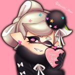  1girl black_gloves black_shirt blush domino_mask earrings english gift gloves grey_hair grin heart heart-shaped_pupils highres holding hotaru_(splatoon) jewelry long_hair long_sleeves looking_at_viewer mask mole mole_under_eye one_eye_closed pink_background pointy_ears portrait puchiman sharp_teeth shirt simple_background smile solo splatoon star symbol-shaped_pupils teeth tentacle_hair twitter_username valentine 