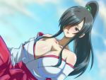  1girl alternate_costume alternate_hairstyle bare_shoulders black_hair blue_sky blush breasts cleavage collarbone commentary_request dutch_angle gekoge_satoru green_eyes hair_over_one_eye hakama heybot! high_ponytail japanese_clothes large_breasts lips long_hair long_sleeves looking_at_viewer looking_down miko nejiyanagi_yuuko off_shoulder open_mouth outdoors pale_skin ponytail red_hakama shiny shiny_hair shiny_skin sidelocks sky solo upper_body 
