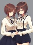  14sai_bishoujo_(shoutarou) 2girls :o black_ribbon black_shorts black_skirt blush breasts brown_eyes brown_hair buttons center_frills closed_mouth cowboy_shot eyebrows_visible_through_hair girls_und_panzer grey_background hand_holding hand_on_another&#039;s_back head_tilt high-waist_skirt interlocked_fingers long_sleeves looking_at_viewer medium_breasts meme_attire multiple_girls nishizumi_maho nishizumi_miho parted_lips ribbon shirt short_hair shorts siblings simple_background sisters skirt smile standing suspenders virgin_killer_outfit white_shirt wing_collar 