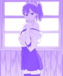  1girl bare_shoulders breasts brown_hair embarrassed himura_kiseki japanese_clothes kaga_(kantai_collection) kantai_collection large_breasts monochrome open_mouth purple side_ponytail skirt solo thigh-highs 
