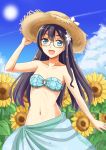  1girl :d alternate_costume aqua_eyes arm bare_arms bare_shoulders bikini black_hair blue_sky breasts clouds collarbone day female flower flower_field glasses hair_flower hair_ornament hand_on_headwear happy hat highres kantai_collection long_hair looking_at_viewer midriff navel neck ookawa_wataru ooyodo_(kantai_collection) open_mouth outdoors plaid plaid_bikini plaid_swimsuit sarong semi-rimless_glasses sky small_breasts smile solo standing strapless strapless_bikini strapless_swimsuit straw_hat sun sun_hat sunflower swimsuit tubetop under-rim_glasses 