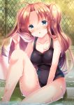  1girl black_swimsuit brown_eyes brown_hair casual_one-piece_swimsuit chain-link_fence chestnut_mouth fence highres long_hair one-piece_swimsuit open_mouth original school_swimsuit shizuki_aya sitting swimsuit twintails two_side_up wet 