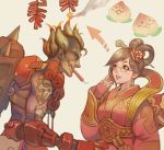  1boy 1girl alternate_color alternate_costume bandolier blonde_hair brown_eyes brown_hair chinese_clothes directional_arrow earrings eyebrows_visible_through_hair firecrackers firework_junkrat glasses hagoromo hair_ornament hairpin hand_to_own_mouth jewelry junkrat_(overwatch) lips luna_mei mechanical_arm mei_(overwatch) mouth_hold muscle nail_polish overwatch parted_lips sae_(revirth) scroll shawl short_hair spikes spiky_hair tattoo thick_eyebrows tire 