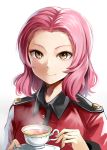  1girl bangs brown_eyes cup emerane girls_und_panzer jacket looking_at_viewer military military_uniform parted_bangs red_jacket redhead rosehip saucer short_hair smile solo tea teacup uniform upper_body 