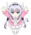  1girl :o arms_up bangs beads black_bow black_hairband blue_eyes blunt_bangs blush_stickers bow capelet dragon_girl dragon_horns dragon_tail dress from_below full_body gedou_(ge_ge_gedou) hair_beads hair_ornament hair_ribbon hairband half-closed_eyes horns kanna_kamui kobayashi-san_chi_no_maidragon long_hair low_twintails open_mouth ribbon silver_hair simple_background solo standing tail thigh-highs twintails white_background white_legwear 