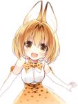  1girl 2017 :d animal_ears artist_name bare_shoulders blush bow bowtie brown_eyes cross-laced_clothes dated elbow_gloves eyelashes gloves hair_between_eyes karory kemono_friends looking_at_viewer no_nose open_mouth orange_hair ribbon-trimmed_clothes ribbon-trimmed_skirt ribbon_trim serval_(kemono_friends) serval_ears shirt short_hair simple_background skirt sleeveless sleeveless_shirt smile solo tareme upper_body white_background white_shirt 