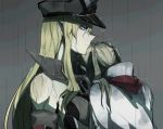  bismarck_(kantai_collection) blonde_hair blue_eyes breastplate capelet detached_sleeves graf_zeppelin_(kantai_collection) hat iron_cross kantai_collection kriegsmarine leaning_on_person military_hat peaked_cap rain takatsuki_nato twintails uniform wet 