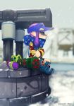  1girl absurdres black_shorts blue_boots blue_eyes blue_hat blue_scarf blurry boots day depth_of_field domino_mask from_side hat highres inkling inkling_(language) long_hair long_sleeves mask mini_splatling_(splatoon) multicolored multicolored_stripes outdoors pointy_ears puchiman purple_hair scarf shirt shorts sitting snow solo splatoon striped striped_shirt tentacle_hair twitter_username visor_cap winter winter_clothes 