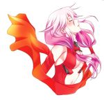  1girl bare_shoulders blush breasts center_opening cleavage closed_eyes collarbone detached_sleeves guilty_crown hair_ornament hairclip koromo_(kinu) long_hair long_sleeves medium_breasts navel pink_hair simple_background solo twintails upper_body white_background yuzuriha_inori 