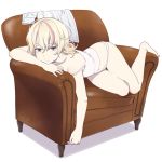  1girl bare_shoulders barefoot blonde_hair blue_eyes couch looking_at_viewer lying mattaku_mousuke navel on_stomach original panties shirt_removed solo strap_slip underwear underwear_only white_panties 