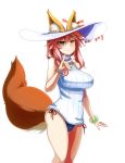  1girl :3 animal_ears blush breasts fate/grand_order fate_(series) fox_ears fox_shadow_puppet fox_tail hat hat_ribbon large_breasts looking_at_viewer pink_hair ribbon simple_background solo sweater tail tamamo_(fate)_(all) tamamo_no_mae_(swimsuit_lancer)_(fate) white_background yellow_eyes yoroi_kabuto 