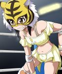  bare_shoulders bioroid_hei black_hair boots brown_eyes commentary_request elbow_pads mask midriff spring_tiger sweat takaoka_haruna tiger_mask_(series) tiger_mask_w wrestling_outfit wrestling_ring 