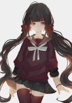  1girl bangs blunt_bangs blush bracelet collar collarbone cowboy_shot dangan_ronpa expressionless eyelashes fingernails gwen_(g90z__) hair_ornament hairclip harukawa_maki jewelry long_hair long_sleeves looking_to_the_side low_twintails neck_ribbon new_dangan_ronpa_v3 red_eyes ribbon sailor_collar school_uniform scrunchie serafuku simple_background skirt solo thigh-highs tsurime twintails very_long_hair zettai_ryouiki 