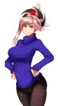  1girl blue_eyes blush breasts choi_kada fate/grand_order fate_(series) hair_ornament hand_on_hip large_breasts looking_at_viewer miyamoto_musashi_(fate/grand_order) ponytail simple_background smile solo sweater white_background 