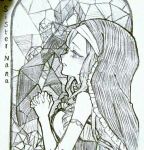  1girl character_name highres interlocked_fingers lichu_ric mahou_shoujo_ikusei_keikaku monochrome nun sister_nana solo stained_glass tears traditional_media 