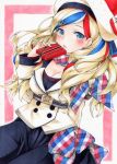  1girl belt beret blonde_hair blue_eyes blue_hair box commandant_teste_(kantai_collection) double-breasted funnyfunny hat kantai_collection long_hair multicolored_hair plaid plaid_scarf pom_pom_(clothes) redhead scarf solo streaked_hair traditional_media white_hair 
