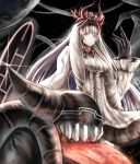  1girl center_frills dress drill_locks flower glowing glowing_eyes hand_up headgear highres horns kantai_collection long_hair looking_at_viewer lycoris_hime night nikek96 red_eyes rose shinkaisei-kan solo teeth tongue_put very_long_hair white_dress white_hair 