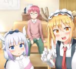  book calendar_(object) commentary_request couch highres horns kanna_kamui kobayashi-san_chi_no_maidragon kobayashi_(maidragon) nedia_r self_shot slit_pupils tooru_(maidragon) 