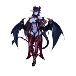  1girl bare_shoulders black_gloves black_sclera blue_skin breasts demon_(monster_girl_encyclopedia) demon_girl demon_tail demon_wings detached_collar detached_sleeves earrings full_body gloves hair_between_eyes hand_on_hip heart heart_earrings horns jewelry large_breasts long_hair looking_at_viewer monster_girl_encyclopedia navel parted_lips pointy_ears purple_hair red_eyes solo stomach subete_no_houkou tail thigh-highs wings 