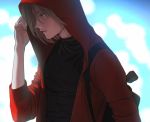  1boy aconitea backpack bag blue_eyes blue_sky brown_hair clouds cloudy_sky day eyelashes fingernails from_side hand_up highres hood hooded_jacket hot jacket lips long_sleeves male_focus parted_lips profile red_jacket sky solo sweat turtleneck upper_body yuri!!!_on_ice yuri_plisetsky 