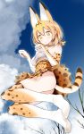  1girl animal_ears ass bare_shoulders blonde_hair blue_sky blush bow bowtie breasts clenched_hands clouds cloudy_sky commentary_request day elbow_gloves full_body gloves highres jumping kemono_friends looking_at_viewer oouso_(usotsukiya) outdoors serval_(kemono_friends) serval_ears serval_tail short_hair skirt sky sleeveless smile solo tail thigh-highs tree upskirt yellow_eyes 