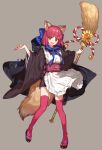  1girl animal_ears apron bow broom chokoan_(tyokoa4649) cloak fox_ears fox_tail hair_ribbon hood japanese_clothes kimono kohaku long_sleeves maid maid_apron open_mouth redhead ribbon sandals sash short_hair simple_background solo syringe tail thigh-highs tsukihime type-moon yellow_eyes 