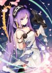  1girl arms_behind_back bare_shoulders breasts dress euryale fate/grand_order fate_(series) from_side hairband headdress highres jewelry lolita_hairband long_hair medium_breasts necomi_(gussan) purple_hair sidelocks smile twintails very_long_hair violet_eyes white_dress 