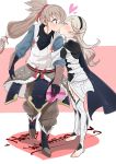  1boy 1girl absurdres armor ayame044 blush closed_eyes embarrassed female_my_unit_(fire_emblem_if) fire_emblem fire_emblem_if highres japanese_clothes kiss my_unit_(fire_emblem_if) simple_background takumi_(fire_emblem_if) white_hair 