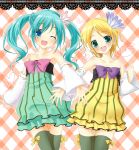  2girls amane_(amnk1213) aqua_eyes aqua_hair bare_shoulders blonde_hair blue_eyes blush bow cheerful_candy_(module) collarbone colorful_drop_(module) colorful_x_melody_(vocaloid) detached_sleeves dress earmuffs flat_chest flower frilled_dress frills hair_flower hair_ornament hatsune_miku heart kagamine_rin multiple_girls one_eye_closed open_mouth outstretched_hand plaid plaid_background project_diva_(series) ribbon short_hair smile strapless strapless_dress striped striped_dress thigh-highs vocaloid zettai_ryouiki 