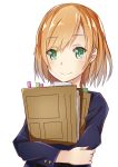  1girl absurdres brown_hair eyebrows_visible_through_hair green_eyes highres holding looking_at_viewer miyamori_aoi shirobako short_hair simple_background smile solo sylphine upper_body white_background 