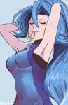  1girl armpits arms_behind_head arms_up bangs bare_arms bare_shoulders blue blue_background blue_eyes blue_hair breasts choker closed_eyes closed_mouth covered_navel earrings gym_leader hair hair_between_eyes hair_intakes hair_tie halterneck high_ponytail holding holding_hair ibuki_(pokemon) jewelry lips long_hair medium_breasts mouth_hold pearl pokemon pokemon_(game) pokemon_hgss side_ponytail simple_background skin_tight smile solo suzuki_zentarou twitter_username tying_hair unitard very_long_hair 