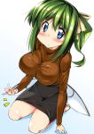  1girl ase_(nigesapo) black_skirt blue_eyes blush breasts brown_sweater daiyousei fairy_wings green_hair highres lap_pillow large_breasts long_hair long_sleeves low_wings miniskirt pencil_skirt ribbed_sweater seiza side_ponytail sitting skirt sweater taut_clothes touhou wings 