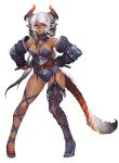  1girl animal_ears ankle_lace-up armor asymmetrical_legwear barbariank bare_shoulders breasts cleavage cross-laced_footwear dark_skin detached_collar detached_sleeves dragon_girl dual_wielding full_body fur grey_hair highres horns jewelry long_hair looking_at_viewer medium_breasts monster_girl multicolored_hair open_mouth orange_eyes original pendant pigeon-toed scales sheath solo sword tail thighs transparent_background two-tone_hair unsheathing very_long_hair weapon white_hair 