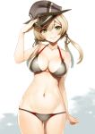  1girl adapted_costume alternate_costume anchor anchor_hair_ornament arm_up bikini blonde_hair blush breasts cleavage collarbone cowboy_shot eyebrows_visible_through_hair gluteal_fold green_eyes grey_bikini groin hair_between_eyes hair_ornament halterneck hand_on_headwear hat highres kantai_collection large_breasts light_brown_hair long_hair looking_at_viewer low_twintails military_hat navel nylon peaked_cap prinz_eugen_(kantai_collection) simple_background skindentation smile solo swimsuit thigh_gap twintails 