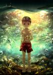  1boy artist_name barefoot brown_hair bubble character_request dark evolution_(2015_movie) full_body highres looking_at_viewer male_focus night noeyebrow_(mauve) shirtless short_hair shorts solo starfish underwater 