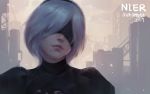  1girl 2017 black_dress black_hairband blindfold copyright_name covered_eyes dated diana_wangfei dress facing_viewer hair_over_one_eye hairband juliet_sleeves light_smile lips long_sleeves mole mole_under_mouth nier_(series) nier_automata nose puffy_sleeves ribbed_dress short_hair silver_hair solo turtleneck upper_body yorha_no._2_type_b 