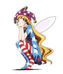  1girl american_flag_dress american_flag_legwear blonde_hair chin_rest clownpiece dress duntv fairy_wings full_body hat jester_cap long_hair looking_at_viewer neck_ruff pantyhose polka_dot red_eyes short_dress short_sleeves simple_background smile solo squatting star star_print striped touhou very_long_hair white_background wings 