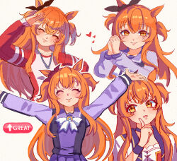  1girl animal_ears blixadon blush bow closed_eyes closed_mouth finger_to_face gameplay_mechanics hair_ribbon highres horse_ears horse_girl jacket long_hair looking_at_viewer mayano_top_gun_(umamusume) mood_(umamusume) open_mouth orange_eyes orange_hair outstretched_arms own_hands_clasped own_hands_together purple_sailor_collar purple_shirt purple_skirt purple_vest red_jacket red_ribbon ribbon sailor_collar salute school_uniform shirt short_sleeves skirt smile solo spread_arms tracen_school_uniform tracen_training_uniform two_side_up umamusume vest white_bow white_shirt 