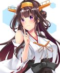  1girl bare_shoulders breasts brown_hair collarbone detached_sleeves double_bun hairband index_finger_raised japanese_clothes kantai_collection kongou_(kantai_collection) large_breasts light_smile long_hair nontraditional_miko ribbon-trimmed_sleeves ribbon_trim solo violet_eyes wide_sleeves yukinosora7 