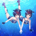  2girls ass asymmetrical_hair black_hair boots breasts brown_eyes fingerless_gloves full_body gloves hair_between_eyes headphones high_heel_boots high_heels highres i-13_(kantai_collection) i-14_(kantai_collection) imachireki kantai_collection looking_at_another multiple_girls one-piece_swimsuit open_mouth oppai_loli partly_fingerless_gloves sailor_collar school_swimsuit shirt short_hair sisters small_breasts smile swimsuit twins underwater water 