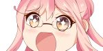  +_+ 1girl close-up double_bun eyebrows_visible_through_hair glasses hair_bun kantai_collection long_hair looking_at_viewer makigumo_(kantai_collection) no_nose open_mouth pink_hair simple_background sin-poi solo sparkling_eyes symbol-shaped_pupils twintails white_background yellow_eyes 