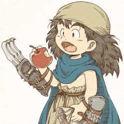  1boy 4ma4ma5ma apple black_hair blue_cloak brown_hat brown_pants child claw_(weapon) cloak commentary_request cowboy_shot dragon_quest dragon_quest_vii eating food fruit gabo grey_eyes hat hatching_(texture) holding holding_food holding_fruit holding_sack looking_at_object male_focus medium_hair open_mouth pants sack solo topless_male weapon white_background 