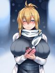  1girl blonde_hair blue_eyes blush breasts chocolate huge_breasts long_sleeves looking_at_viewer npqhytt12 one_eye_closed ponytail scarf smile solo upper_body valentine white_scarf 